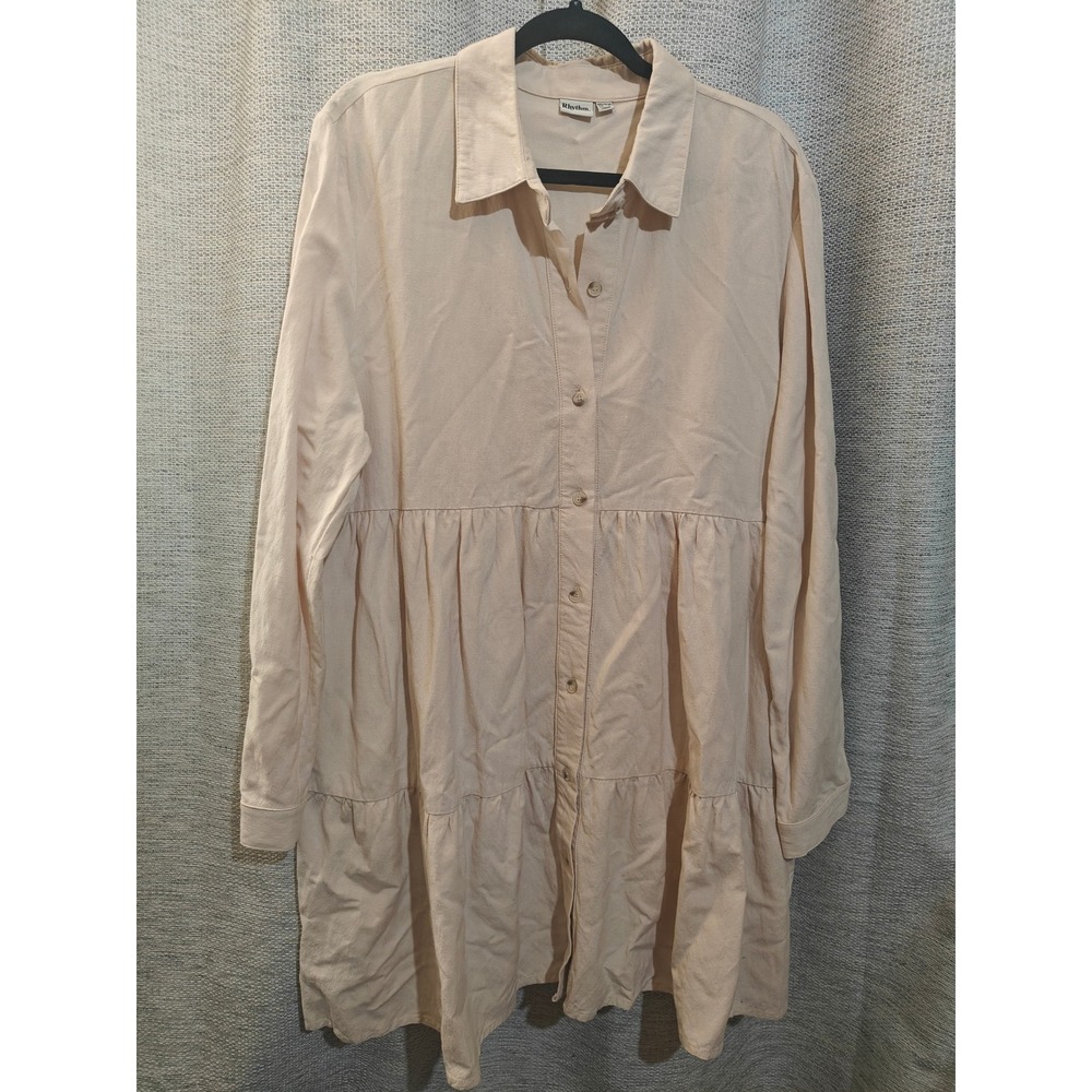 Rhythm Paradise Tiered Mini Dress Sand Beige Ramie Rayon Shirt Dress XL - Picture 2 of 6